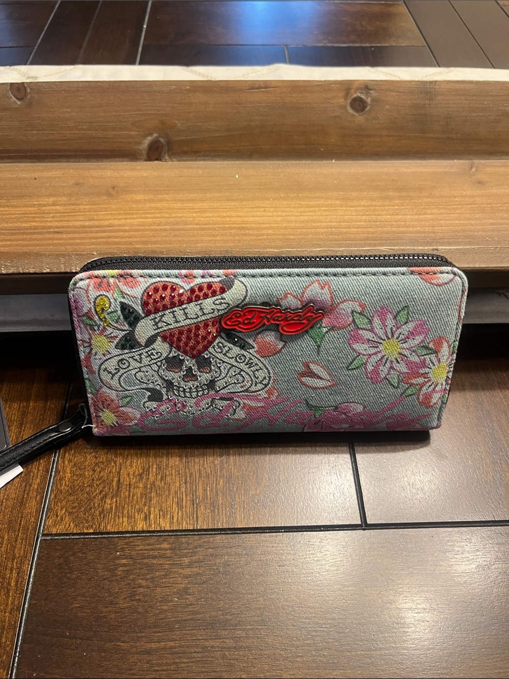 Ed Hardy Light Blue Floral Zip Wallet with Pink Accents
